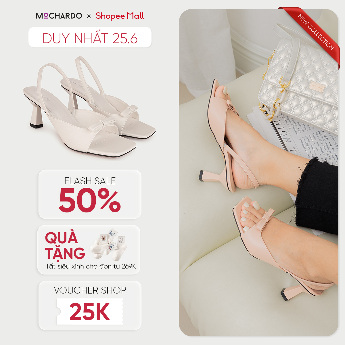 Giày Sandal Nữ Cao Gót Nhọn MOCHARDO MC.109 Quai Ngang Phối Nơ 7cm